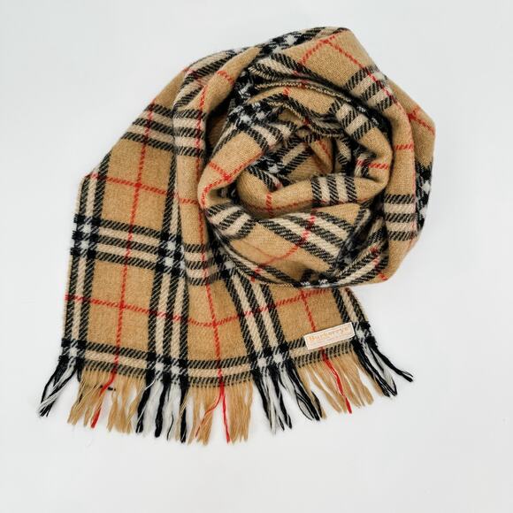 Burberry Scarf Wool Nova Check Plaid Beige Brown Winter Authentic Fringe - Picture 5 of 7
